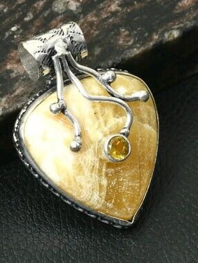 Butterscotch Amber, Citrine Gemstone 925 Sterling Silver Pendant Necklace